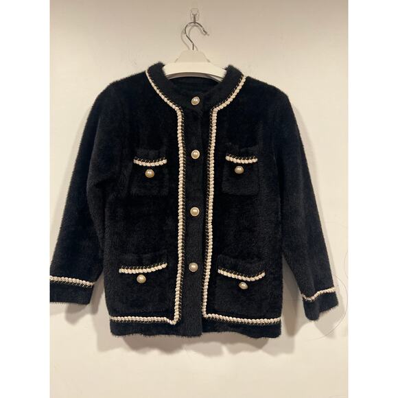 Women’s Design Inspired Fuzzy Pearl Button Cardigan Small Black Country Club - Picture 2 of 4